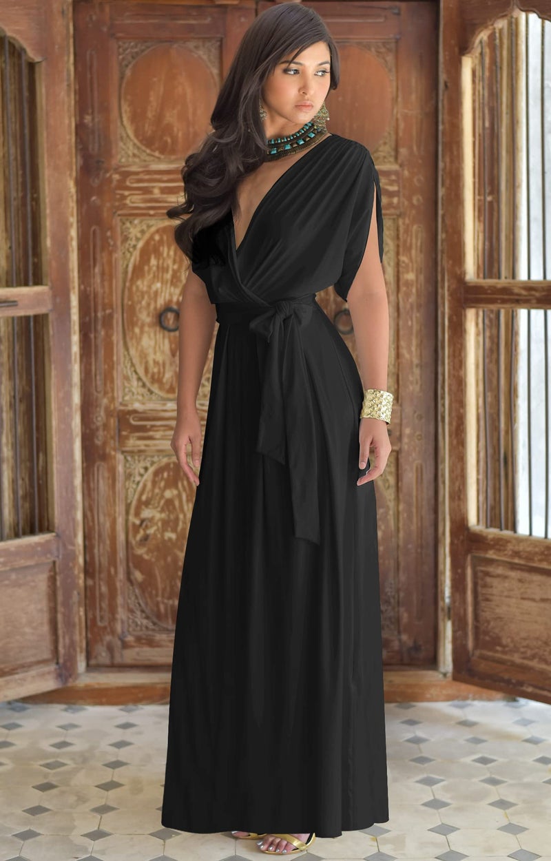 KOH KOH Plus Size Womens Long Formal Short Sleeve Cocktail Flowy V-Neck Casual Bridesmaid Wedding Party Guest Evening Cute Maternity Work Gown Gowns Maxi Dress Dresses, Black XL 14-16 - Image 3